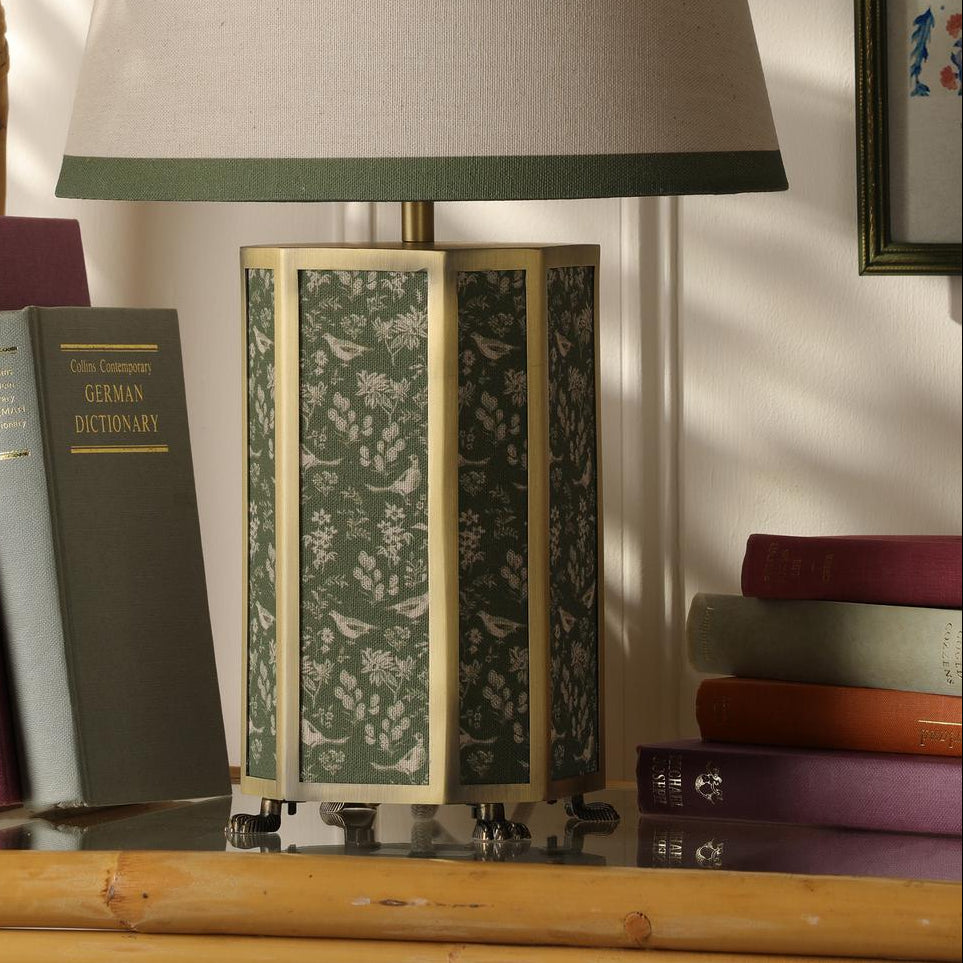 Helmingham Table Lamp In Matt Antique Brass & Green with Green Edged Linen Shade