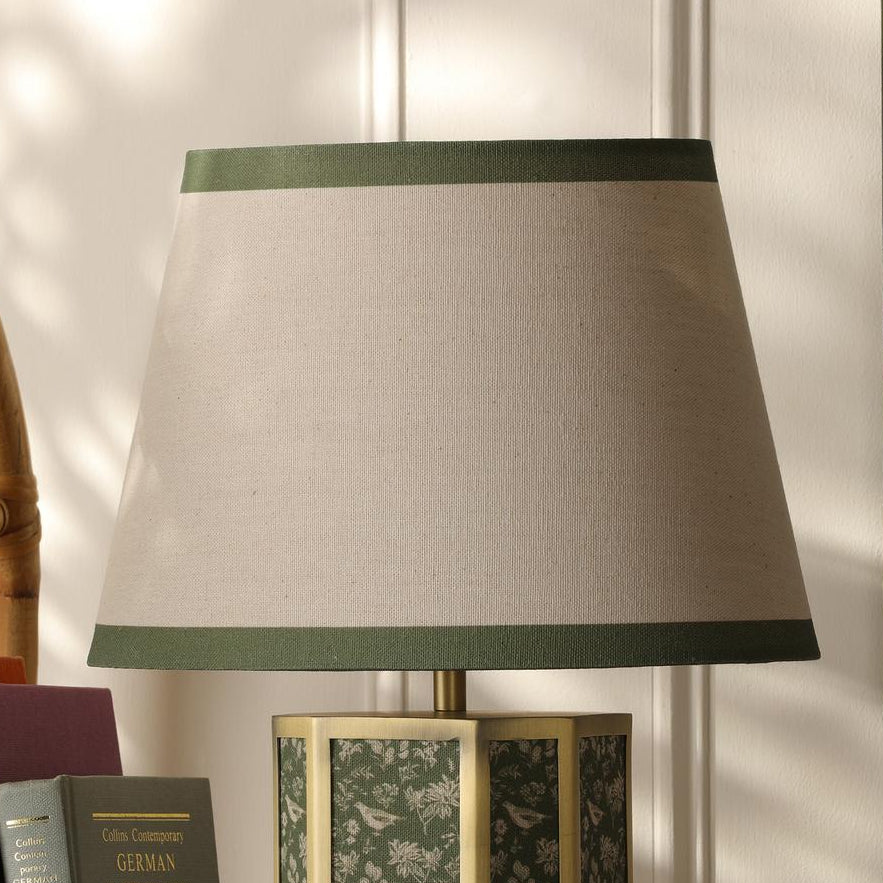 Helmingham Table Lamp In Matt Antique Brass & Green with Green Edged Linen Shade