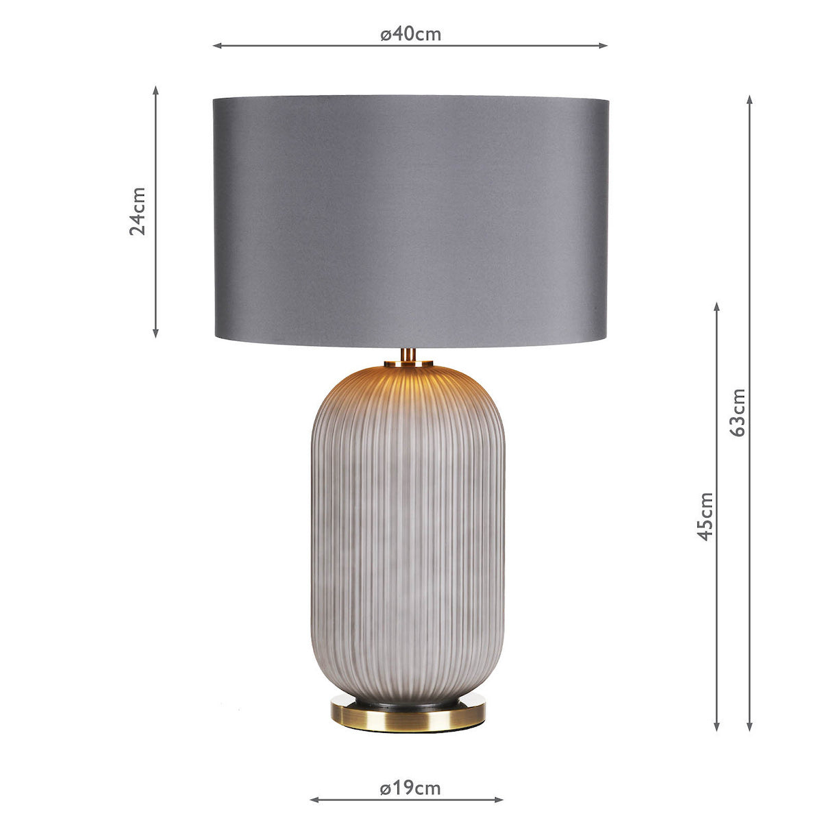 Grey table lamp with a ribbed ceramic base and a fabric shade, showing dimensions.