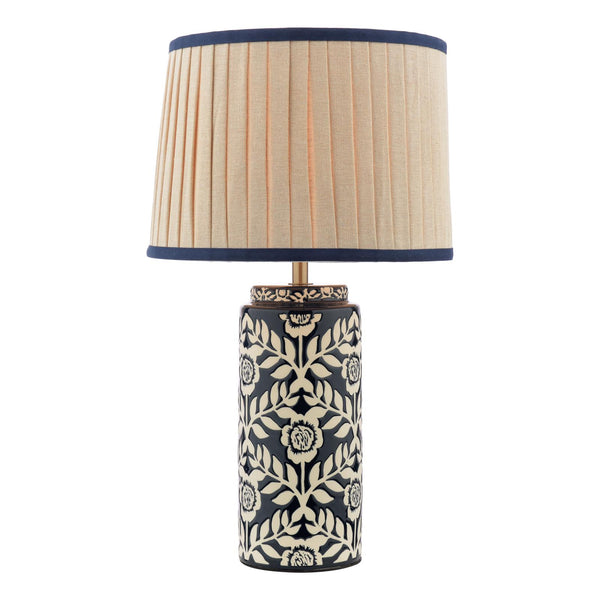 Joules Highclere ceramic table lamp with blue floral pattern base and pleated linen shade