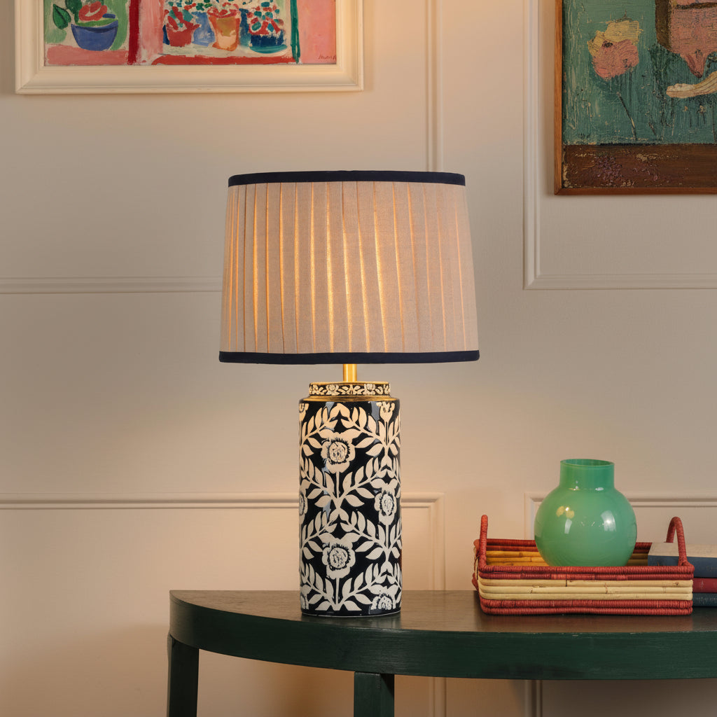Highclere Ceramic Table Lamp in Blue with Pleated Linen Shade