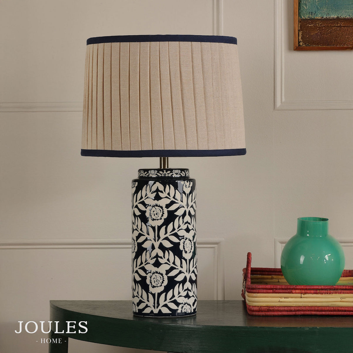 Joules Highclere ceramic table lamp in blue with a pleated linen shade