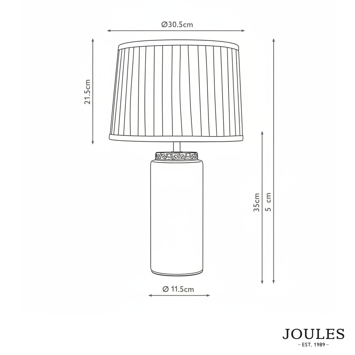 Dimensional line drawing of Joules Highclere ceramic table lamp with pleated shade