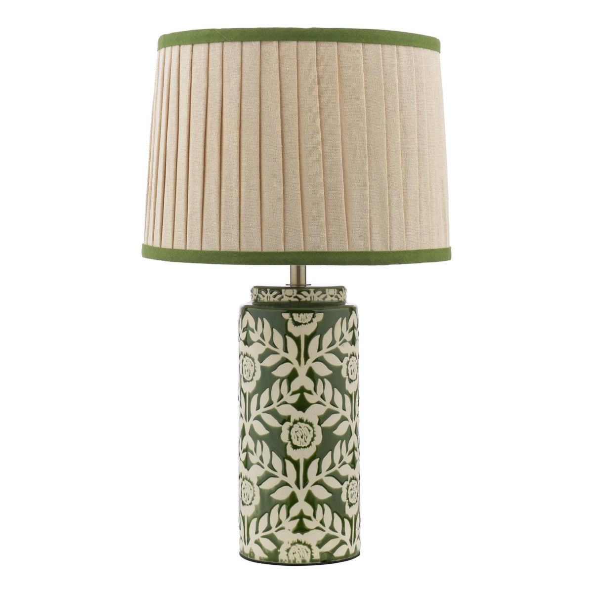 Joules Highclere ceramic table lamp in green with a cream pleated linen shade