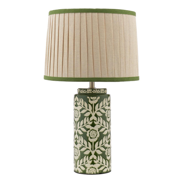 Joules Highclere ceramic table lamp in green with a cream pleated linen shade