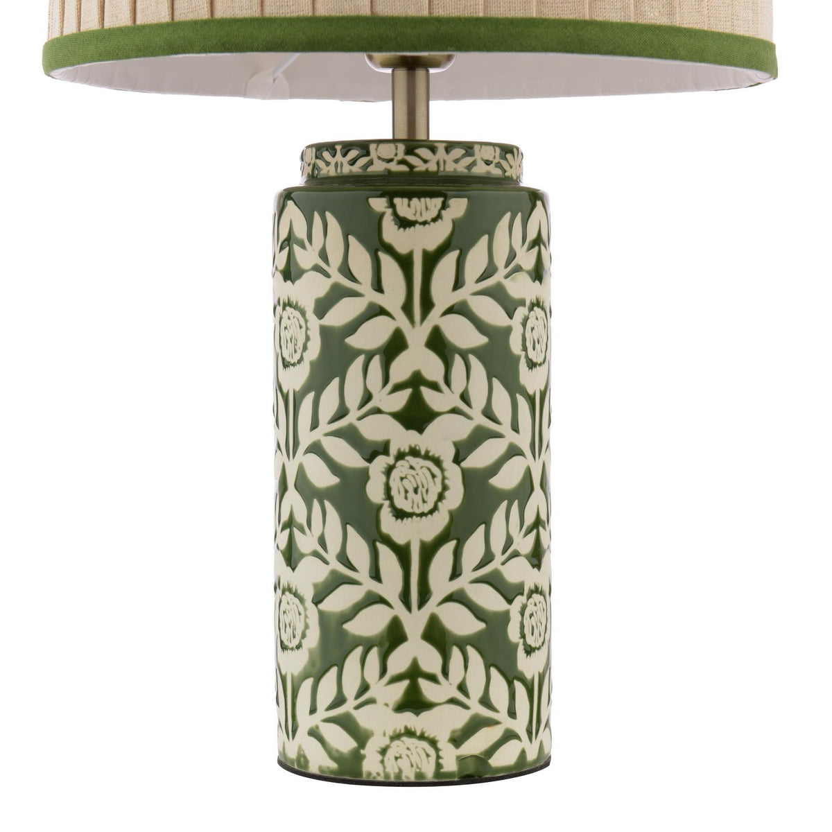 Joules Highclere ceramic table lamp in green with a pleated linen shade and floral pattern base