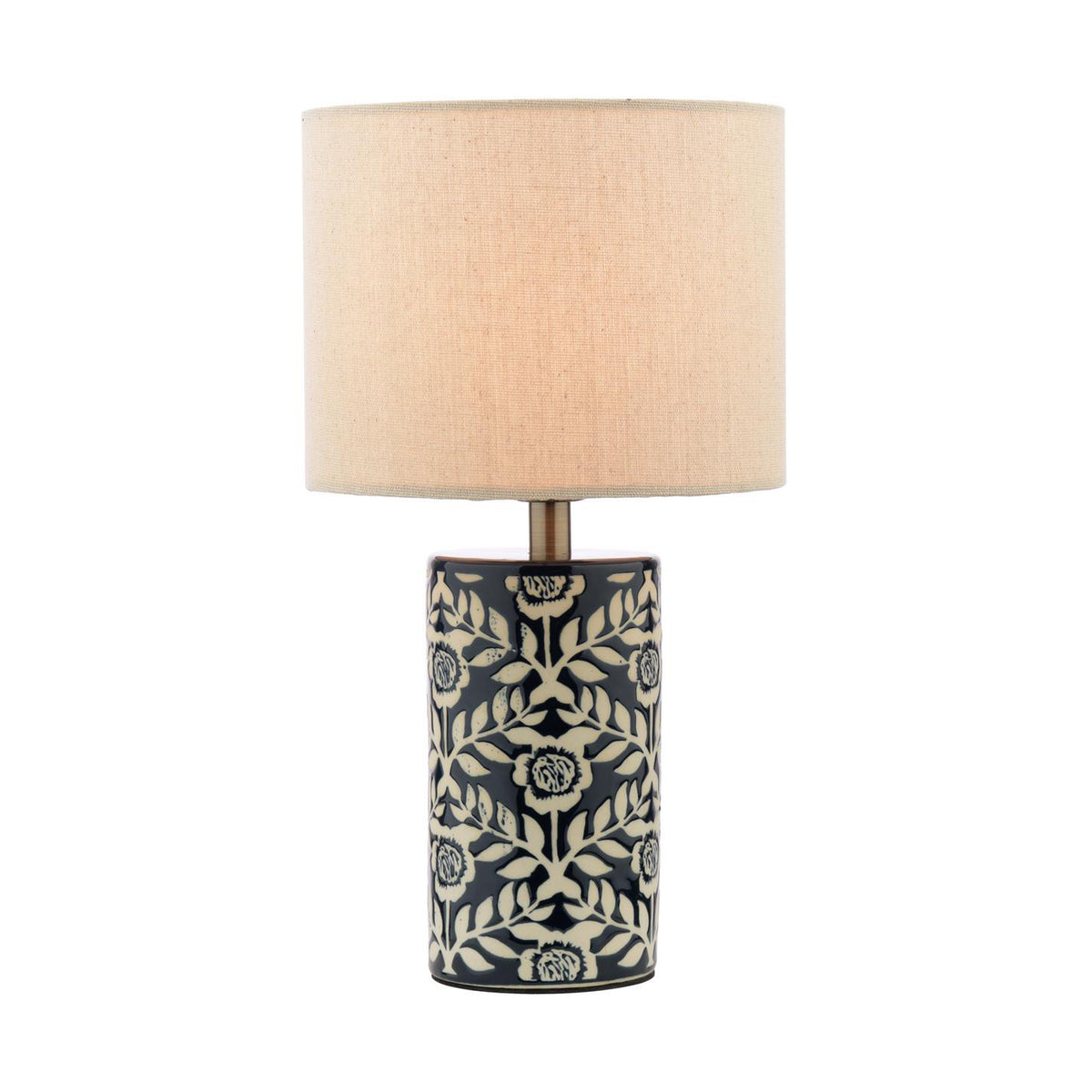 Joules Highclere ceramic table lamp in blue with floral pattern and cream linen shade