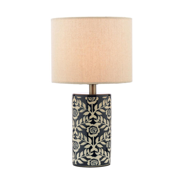 Joules Highclere ceramic table lamp in blue with floral pattern and cream linen shade