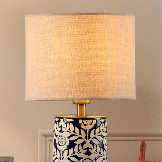 Joules Highclere ceramic table lamp in blue with cream linen shade