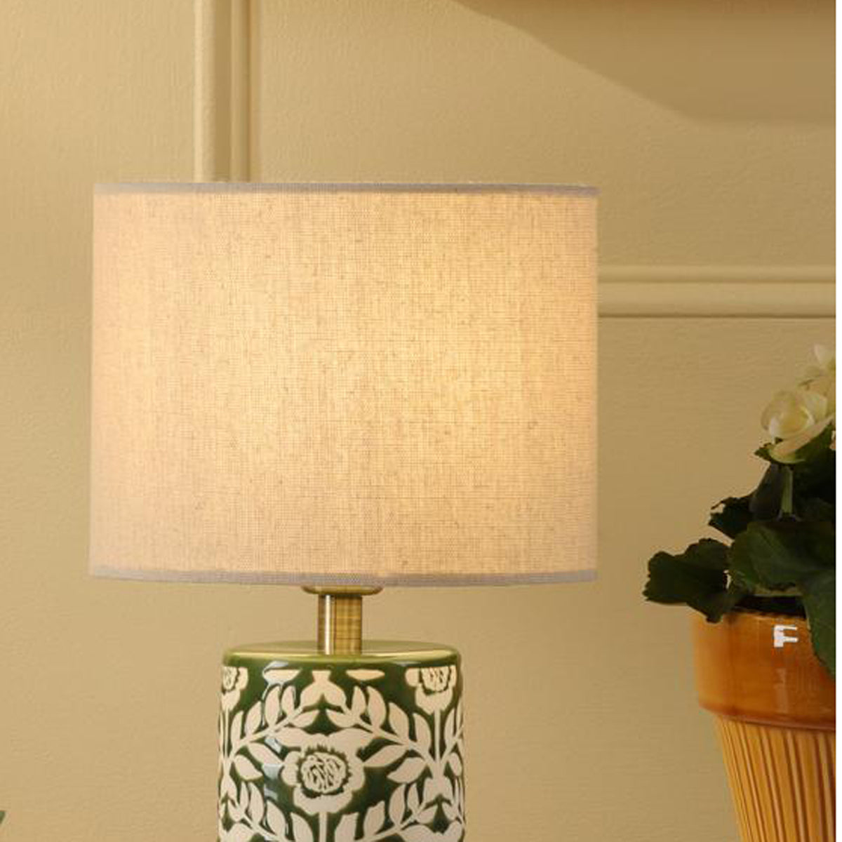 Twin Pack of Small Highclere Ceramic Table Lamps in Green with Cream Linen Shade