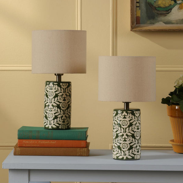 Twin Pack of Small Highclere Ceramic Table Lamps in Green with Cream Linen Shade