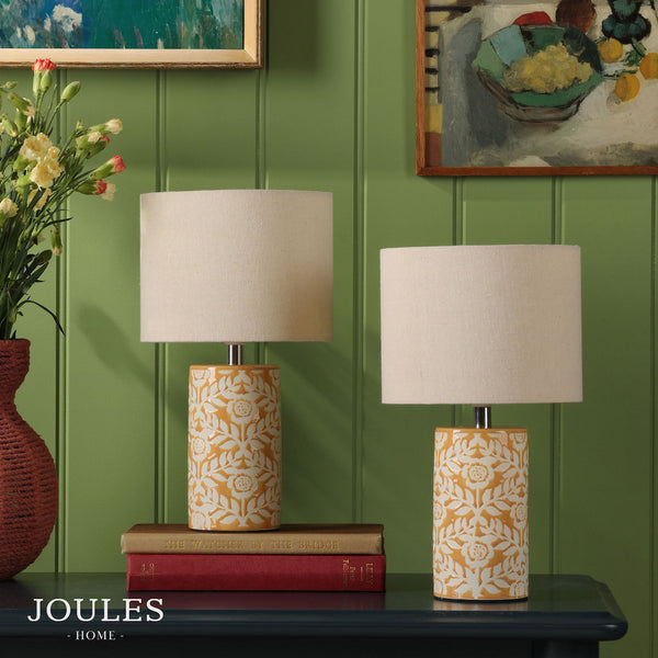 Twin Pack of Small Highclere Ceramic Table Lamps in Yellow with Cream Linen Shade