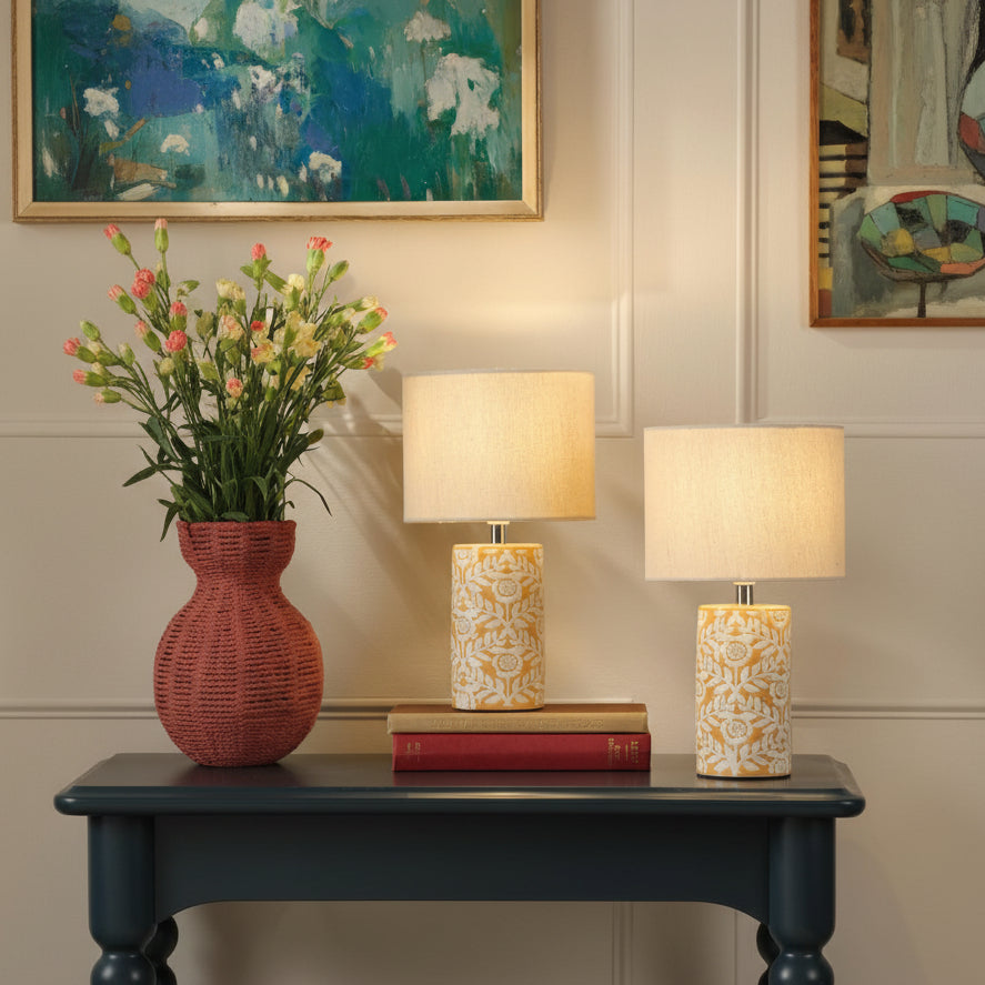 Twin Pack of Small Highclere Ceramic Table Lamps in Yellow with Cream Linen Shade