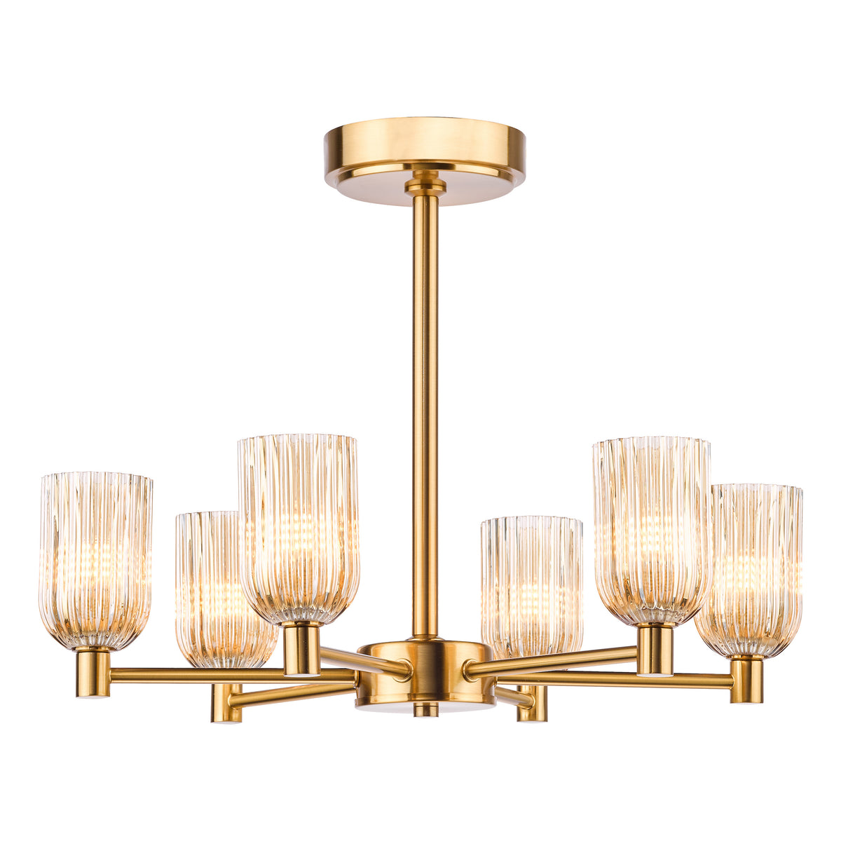 Hilaria Six Arm Semi Flush Light in Antique Gold with Amber Ribbed Glass Shades