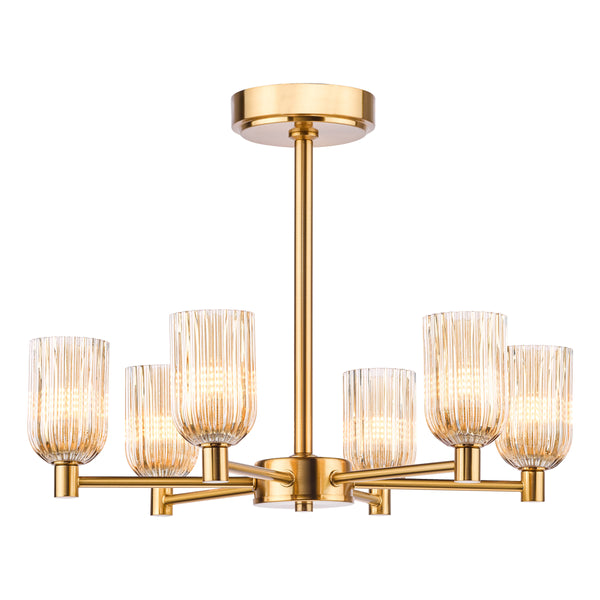 Hilaria Six Arm Semi Flush Light in Antique Gold with Amber Ribbed Glass Shades