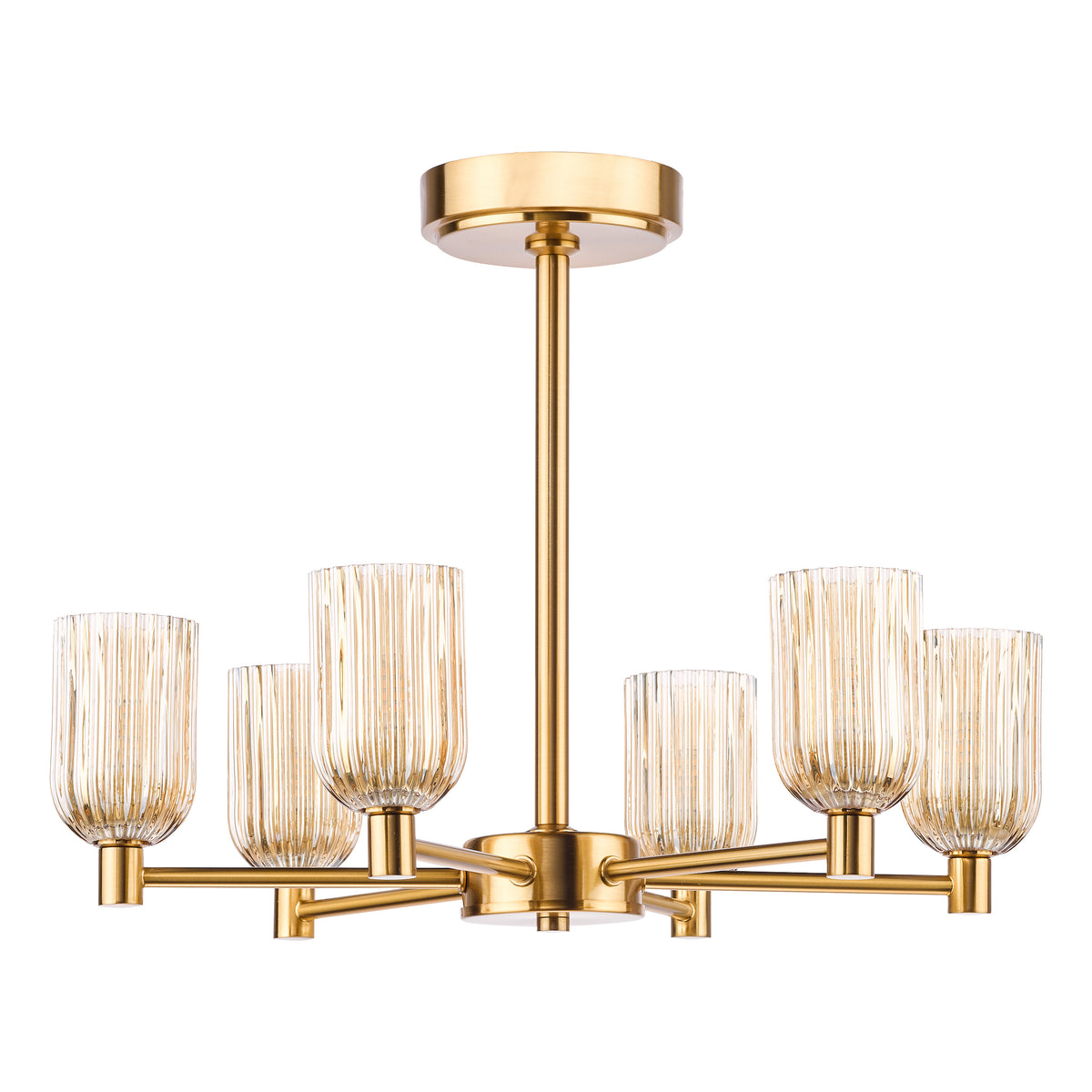 Hilaria Six Arm Semi Flush Light in Antique Gold with Amber Ribbed Glass Shades