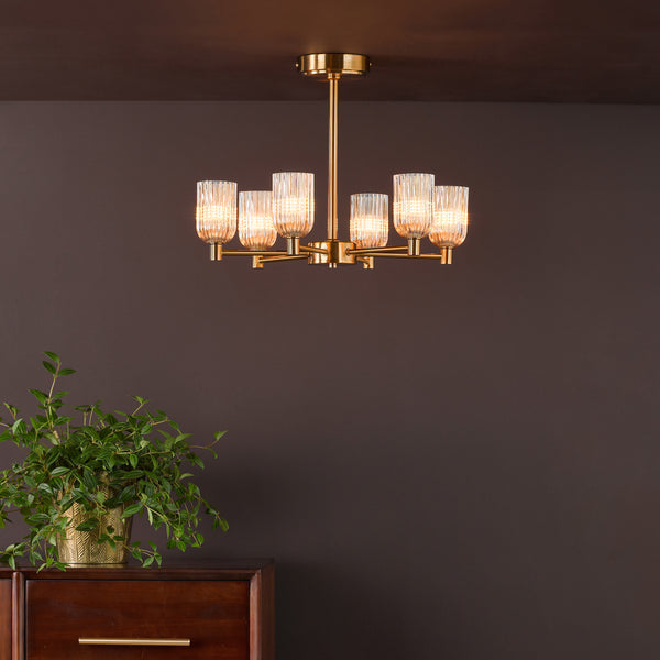 Hilaria Six Arm Semi Flush Light in Antique Gold with Amber Ribbed Glass Shades