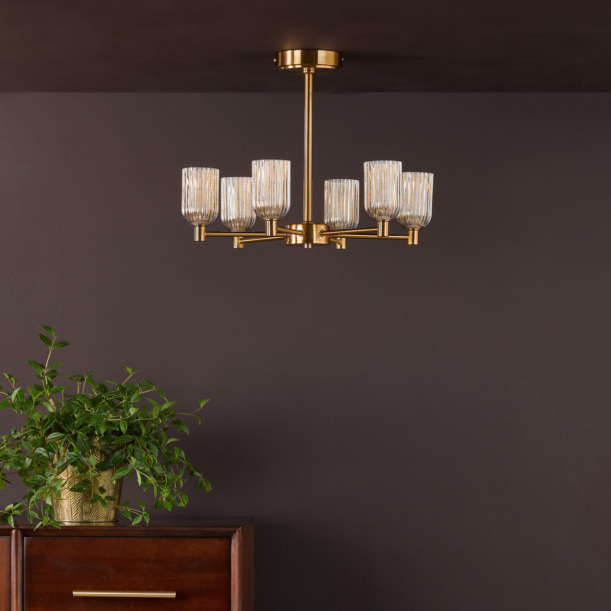 Hilaria Six Arm Semi Flush Light in Antique Gold with Amber Ribbed Glass Shades