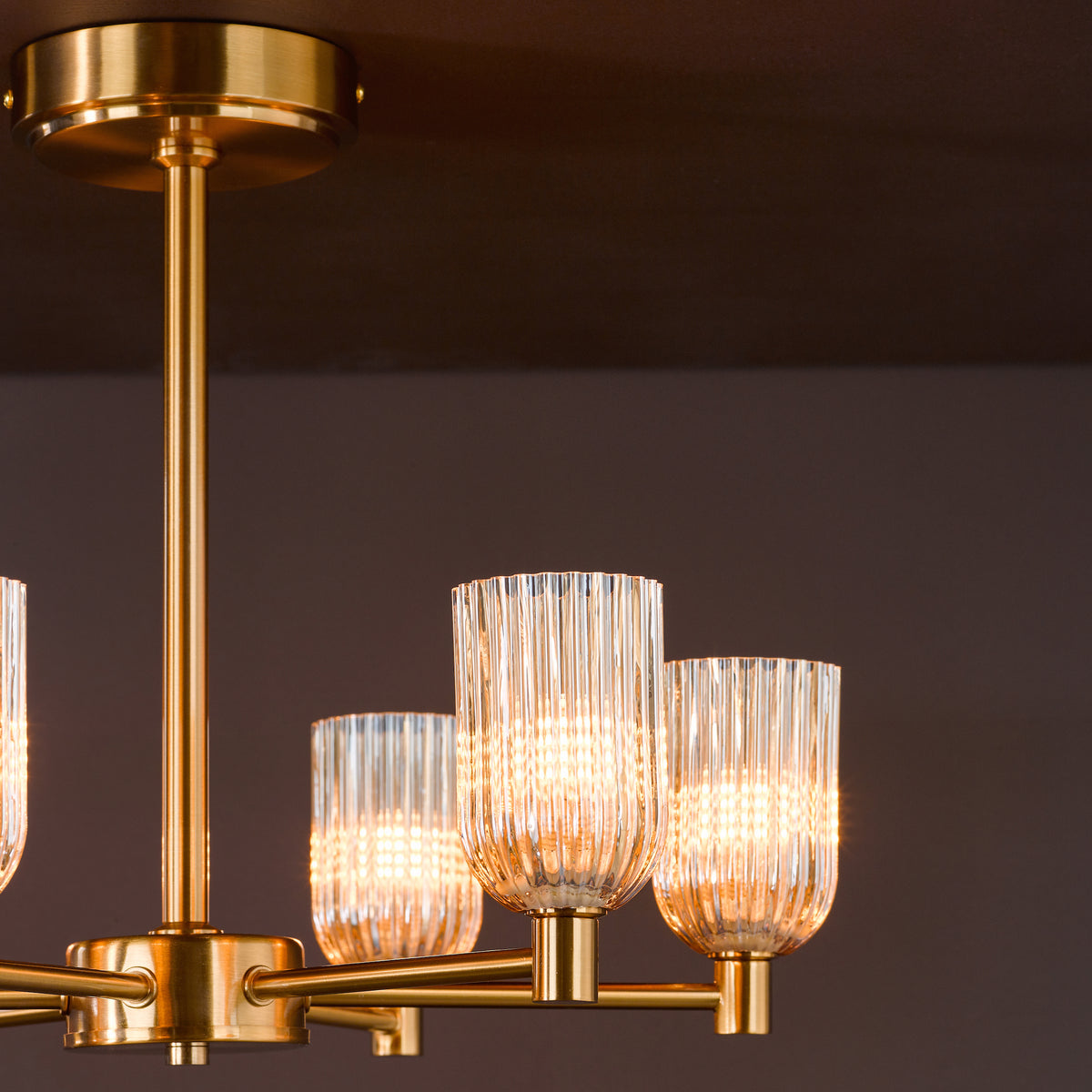 Hilaria Six Arm Semi Flush Light in Antique Gold with Amber Ribbed Glass Shades