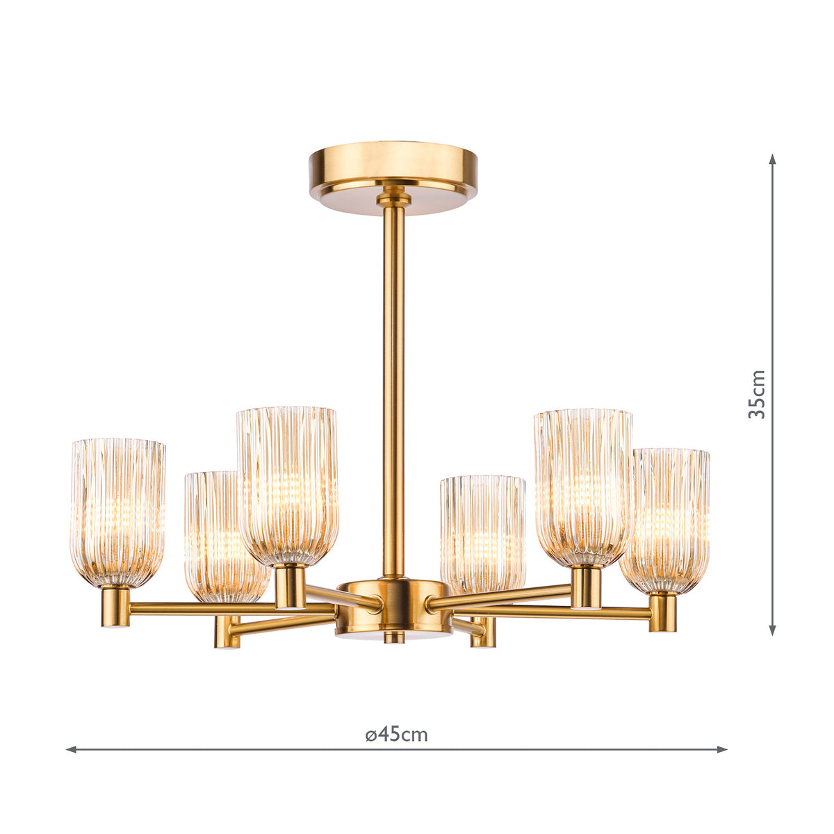 Hilaria Six Arm Semi Flush Light in Antique Gold with Amber Ribbed Glass Shades