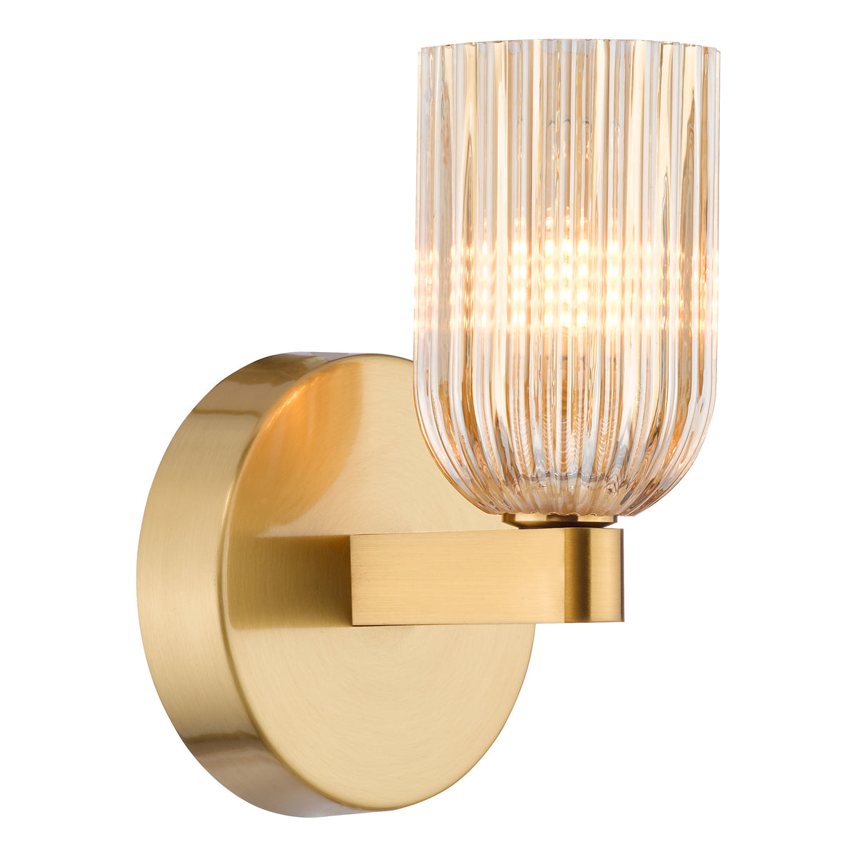 Hilaria IP44 Antique Gold Wall Light with Amber Ribbed Glass Shade