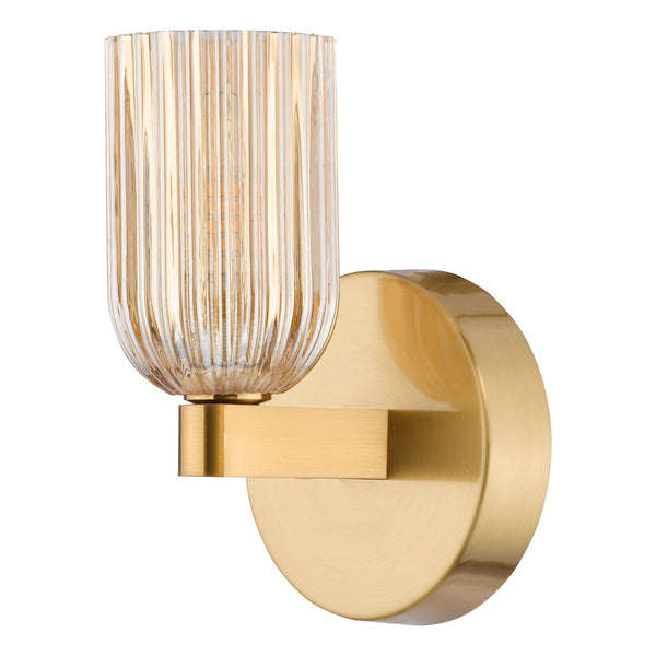 Hilaria IP44 Antique Gold Wall Light with Amber Ribbed Glass Shade