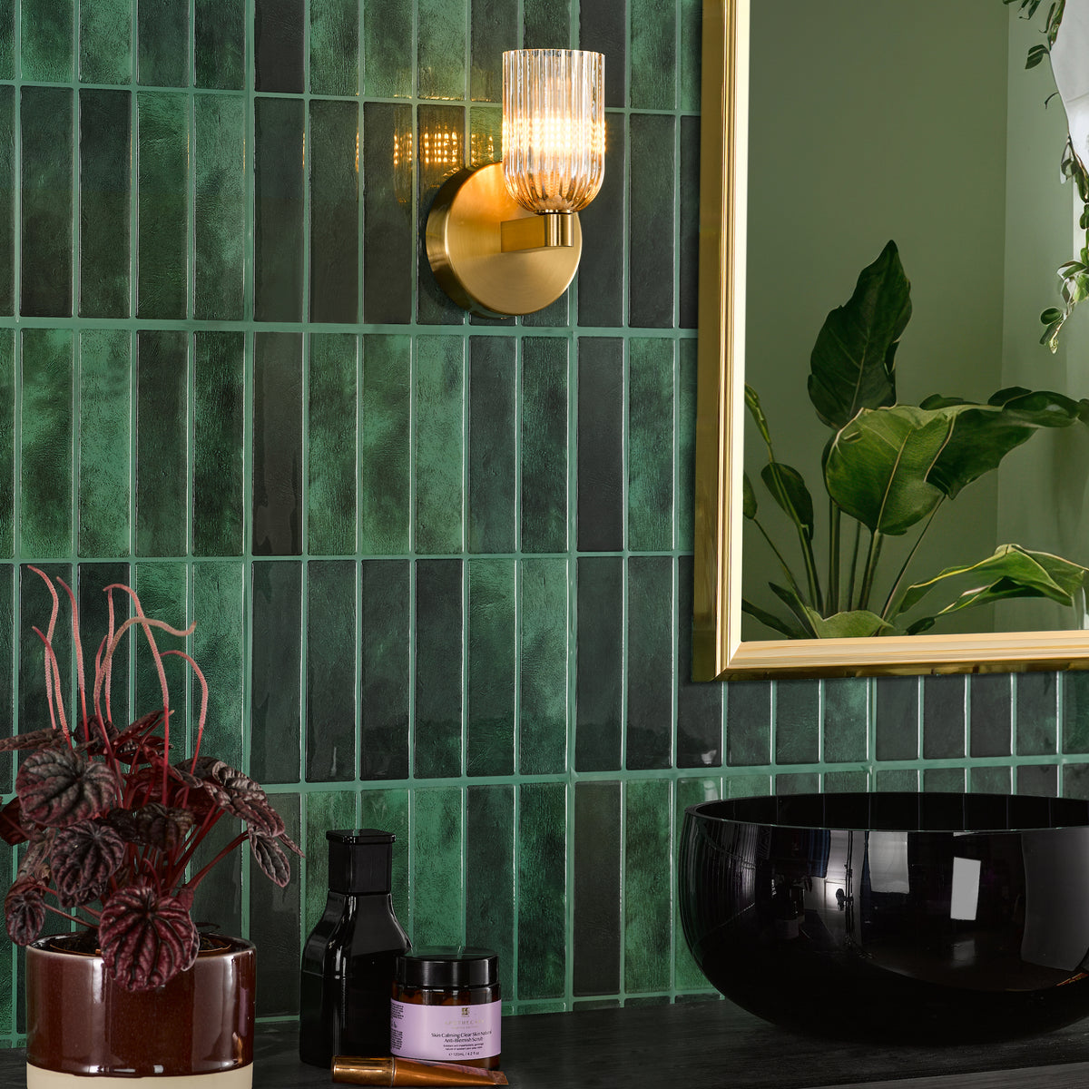 Hilaria IP44 Antique Gold Wall Light with Amber Ribbed Glass Shade