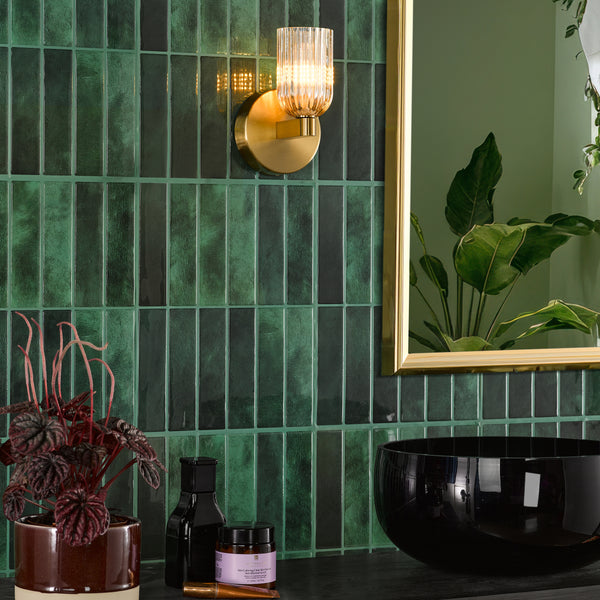 Hilaria IP44 Antique Gold Wall Light with Amber Ribbed Glass Shade