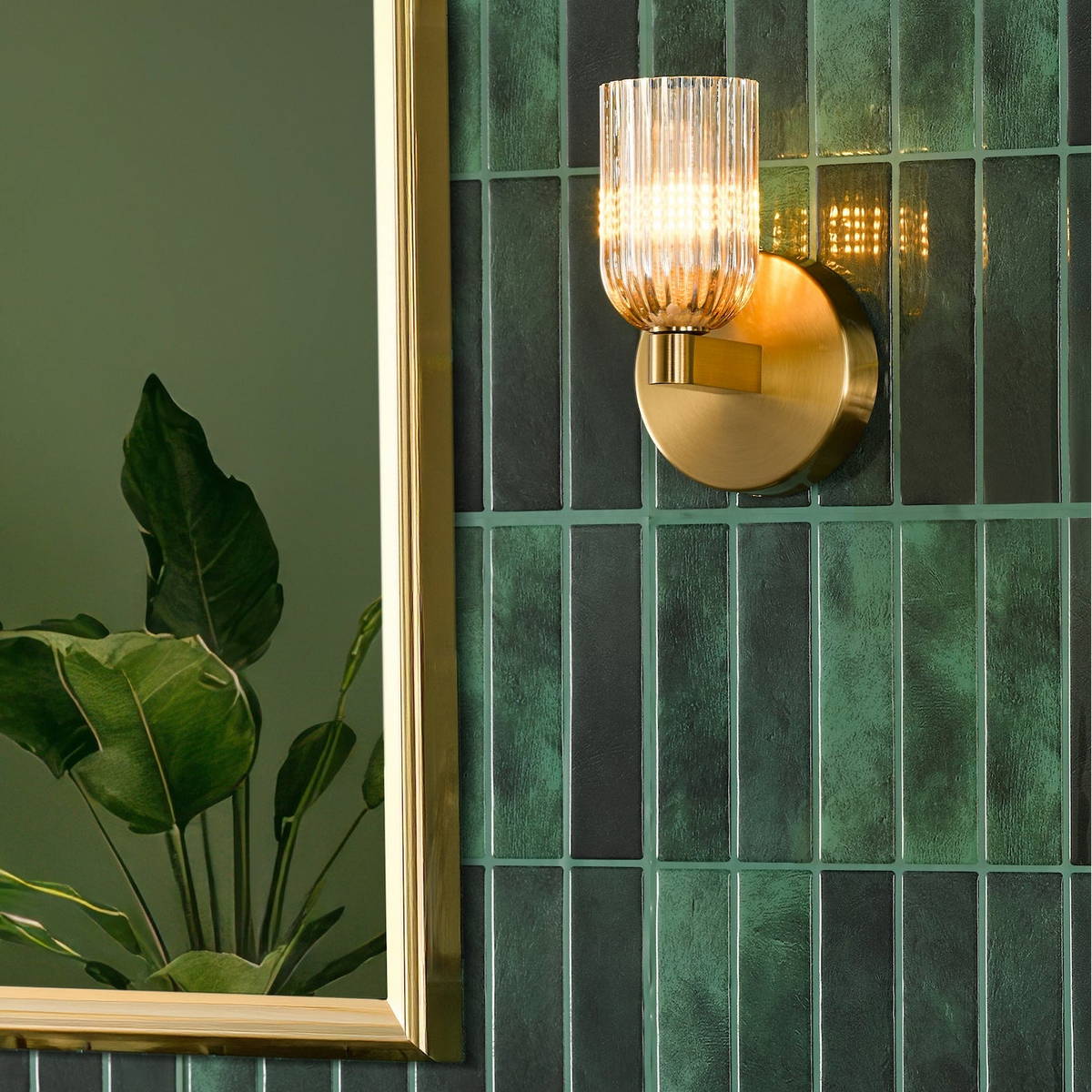 Hilaria IP44 Antique Gold Wall Light with Amber Ribbed Glass Shade