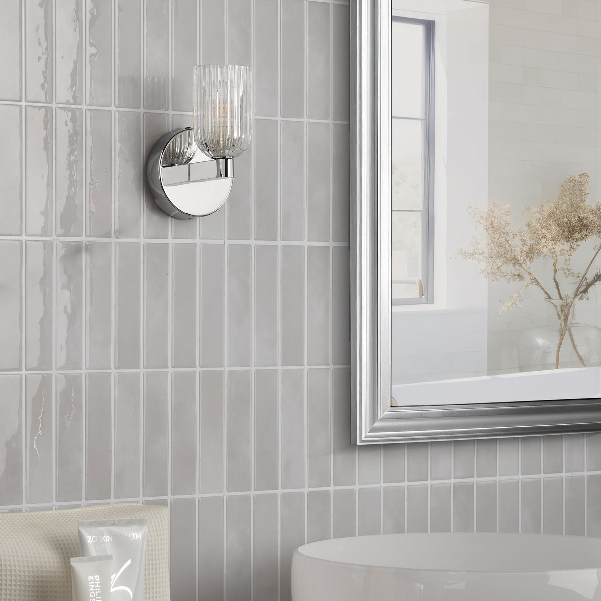 Hilaria IP44 Polished Chrome Wall Light with Clear Ribbed Glass Shade