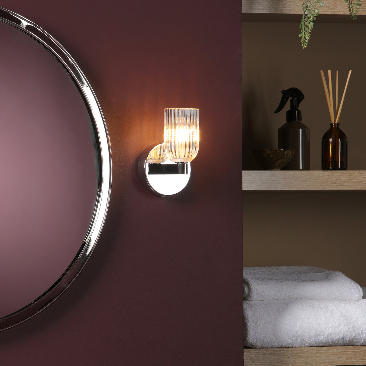 Hilaria IP44 Polished Chrome Wall Light with Clear Ribbed Glass Shade