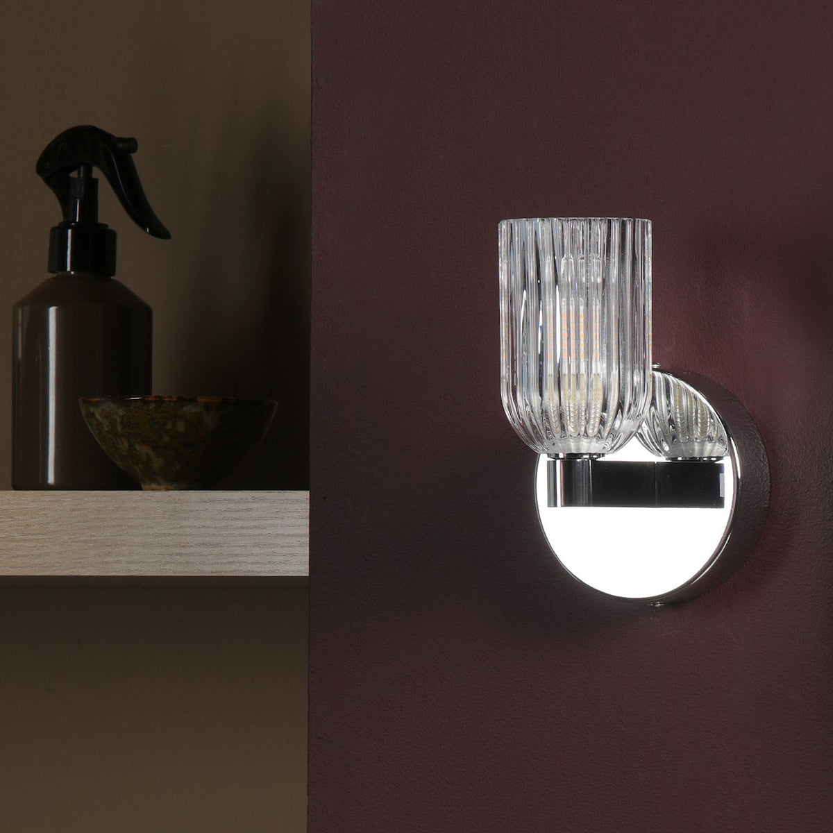 Hilaria IP44 Polished Chrome Wall Light with Clear Ribbed Glass Shade