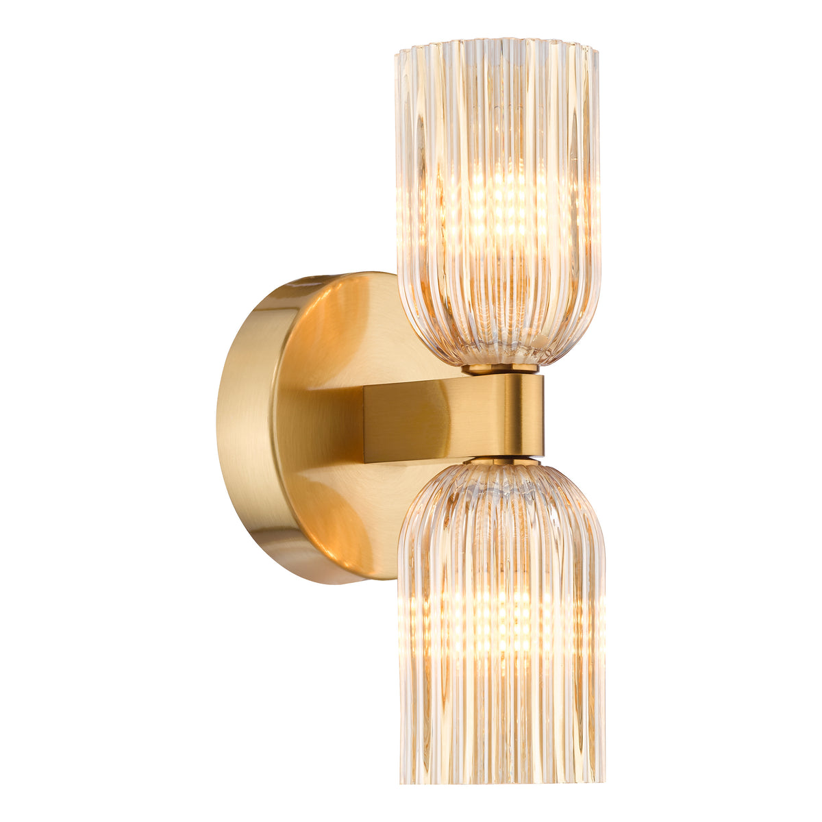 Hilaria IP44 Antique Gold Up & Down Wall Light with Amber Ribbed Glass Shades