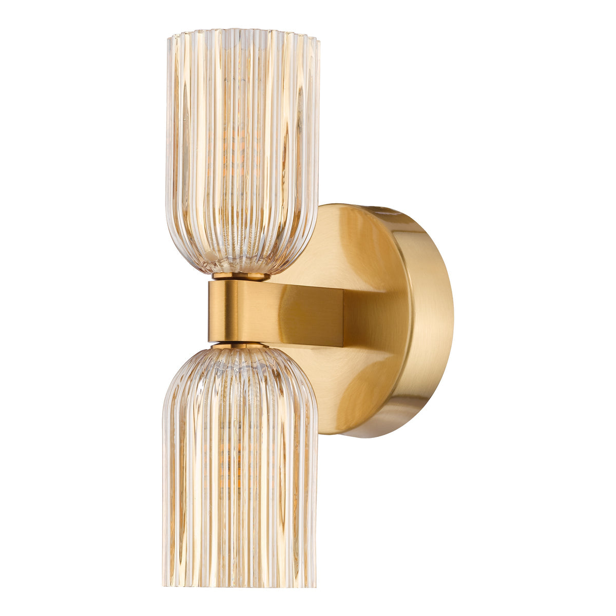 Hilaria IP44 Antique Gold Up & Down Wall Light with Amber Ribbed Glass Shades