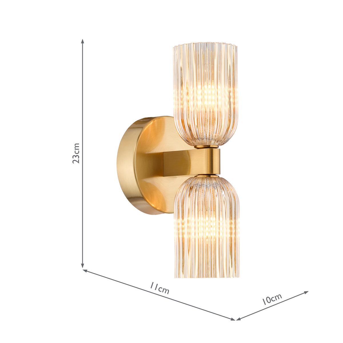 Hilaria IP44 Antique Gold Up & Down Wall Light with Amber Ribbed Glass Shades