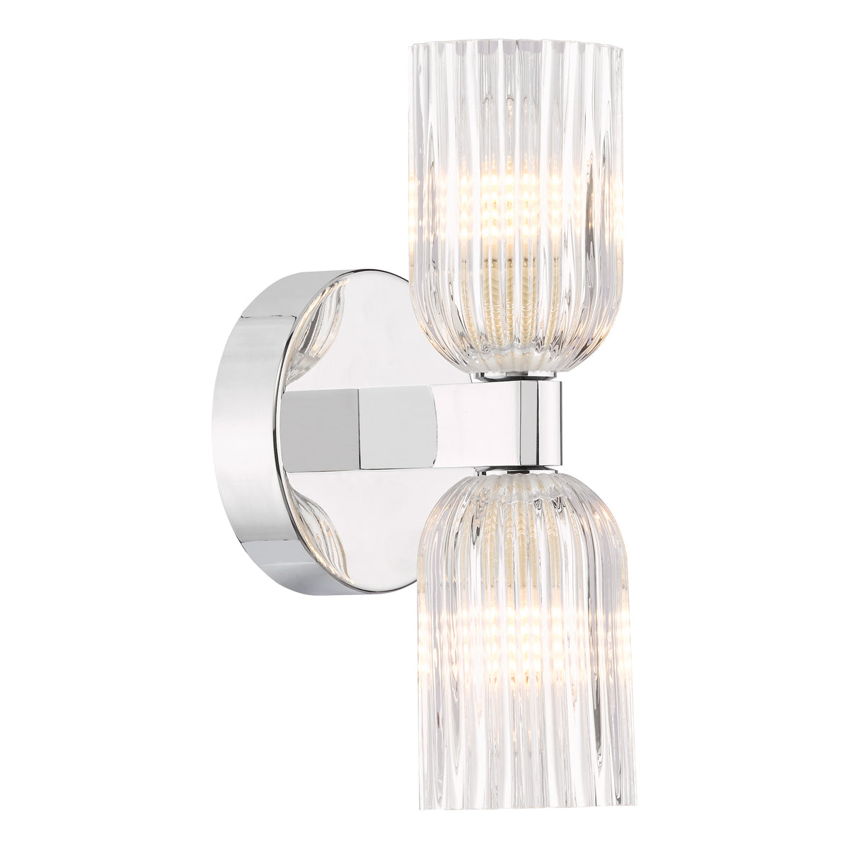 Hilaria IP44 Polished Chrome Up & Down Wall Light with Clear Ribbed Glass Shades