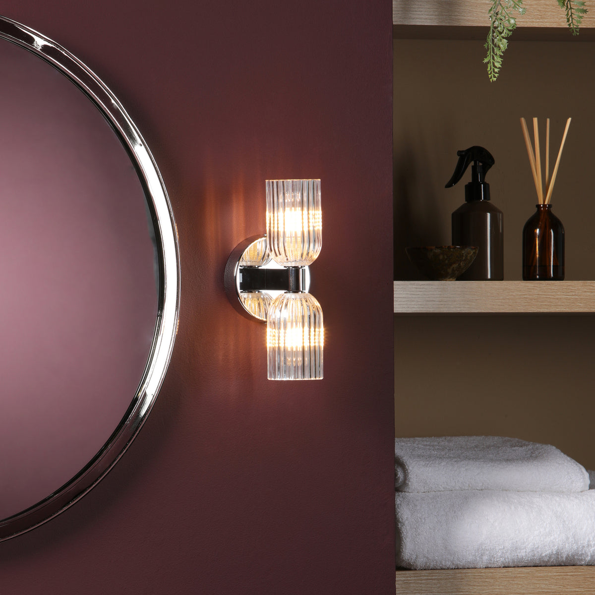 Hilaria IP44 Polished Chrome Up & Down Wall Light with Clear Ribbed Glass Shades