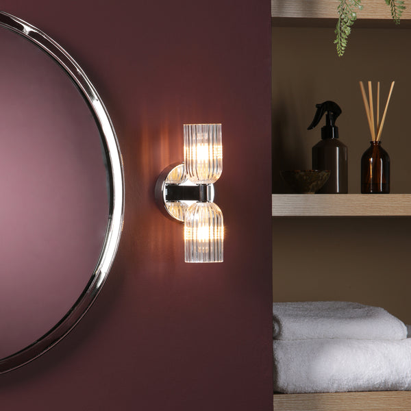 Hilaria IP44 Polished Chrome Up & Down Wall Light with Clear Ribbed Glass Shades