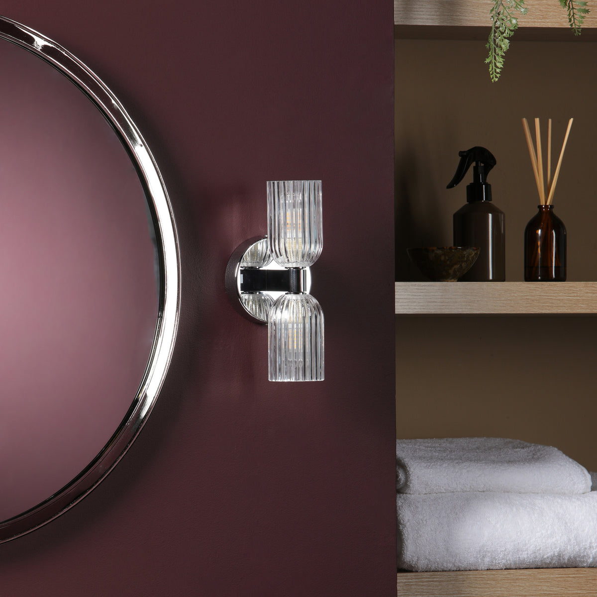 Hilaria IP44 Polished Chrome Up & Down Wall Light with Clear Ribbed Glass Shades