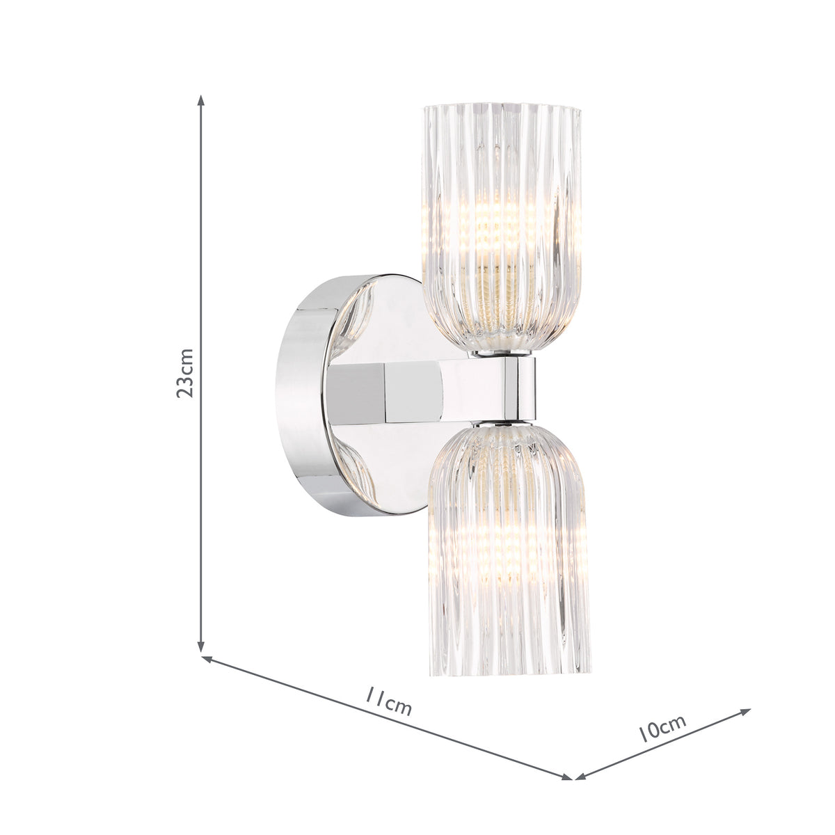 Hilaria IP44 Polished Chrome Up & Down Wall Light with Clear Ribbed Glass Shades