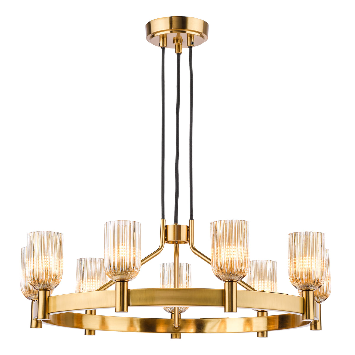 Hilaria Nine Light Pendant in Antique Gold with Amber Ribbed Glass Shades