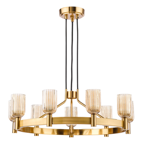 Hilaria Nine Light Pendant in Antique Gold with Amber Ribbed Glass Shades