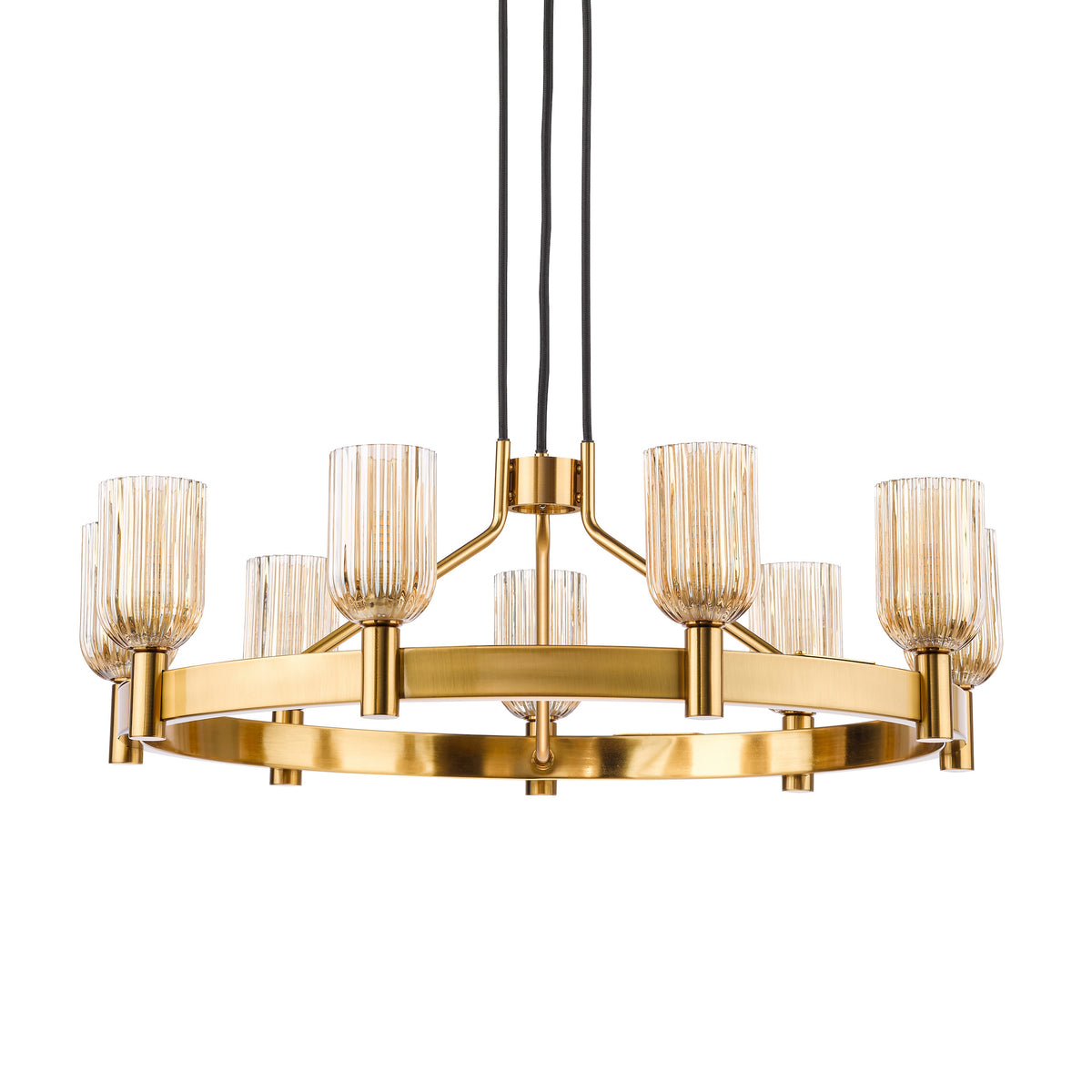 Hilaria Nine Light Pendant in Antique Gold with Amber Ribbed Glass Shades