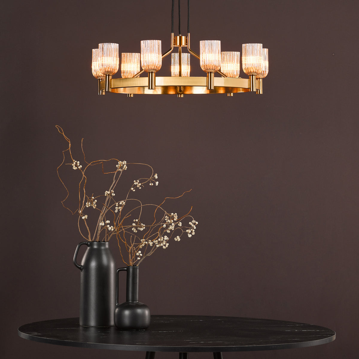 Hilaria Nine Light Pendant in Antique Gold with Amber Ribbed Glass Shades