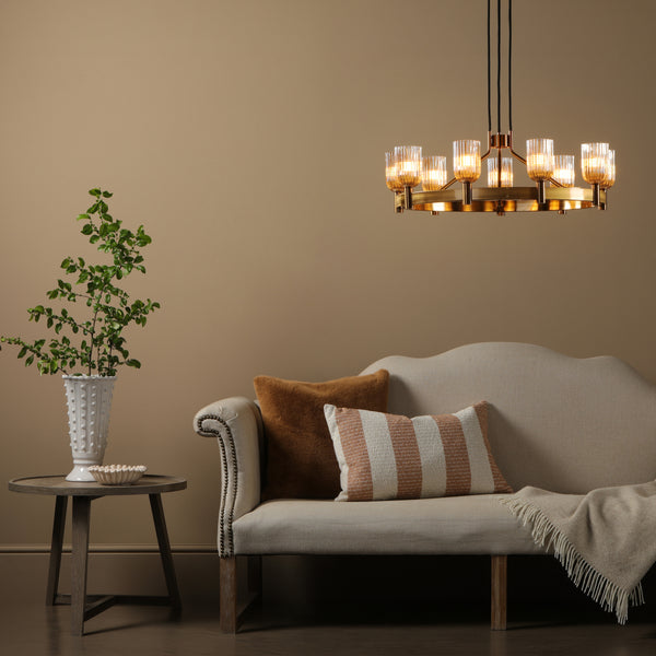 Hilaria Nine Light Pendant in Antique Gold with Amber Ribbed Glass Shades
