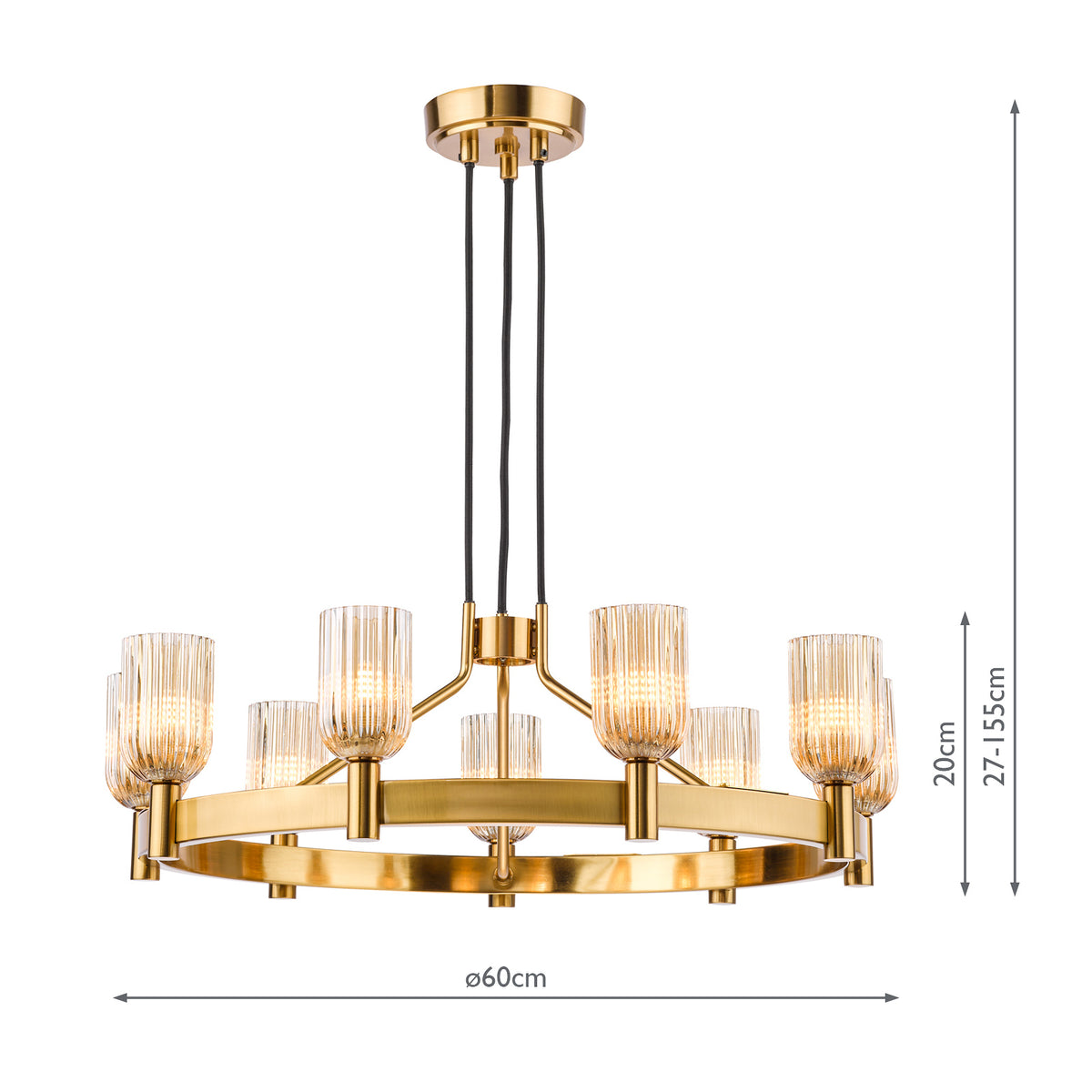 Hilaria Nine Light Pendant in Antique Gold with Amber Ribbed Glass Shades