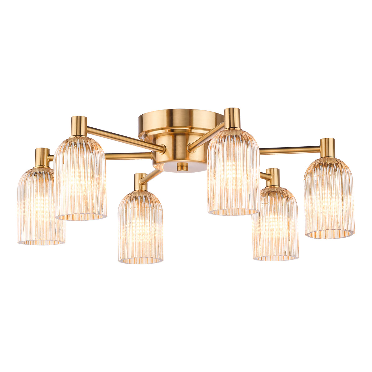 Hilaria Six Arm Flush Ceiling Light in Antique Gold with Amber Ribbed Glass Shades