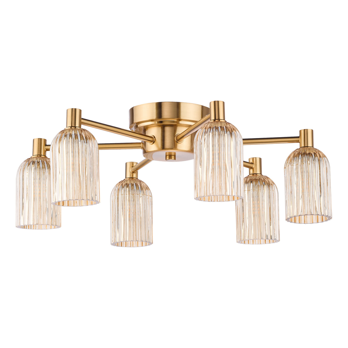 Hilaria Six Arm Flush Ceiling Light in Antique Gold with Amber Ribbed Glass Shades