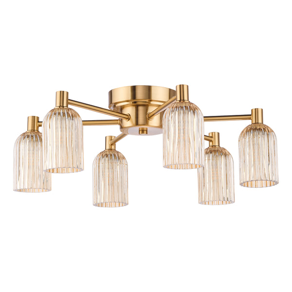 Hilaria Six Arm Flush Ceiling Light in Antique Gold with Amber Ribbed Glass Shades