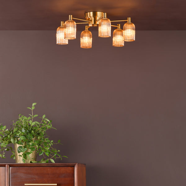 Hilaria Six Arm Flush Ceiling Light in Antique Gold with Amber Ribbed Glass Shades